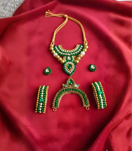 Beautiful Perfect Combo Shringar Set for Thakurji including necklace, long mala, earrings, bangles, and chandrika. Ideal for pooja and festivals.
